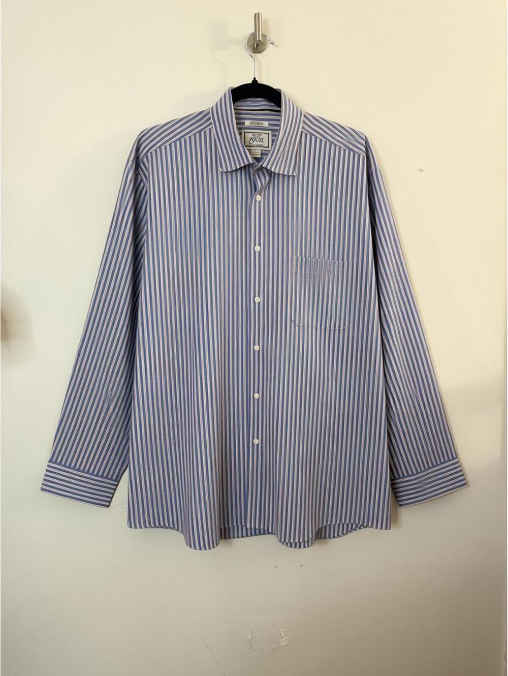 Jos A Bank 1905 Dress Shirt Mens 17-35 Blue Stripe Non Iron Tailored Fit Cotton